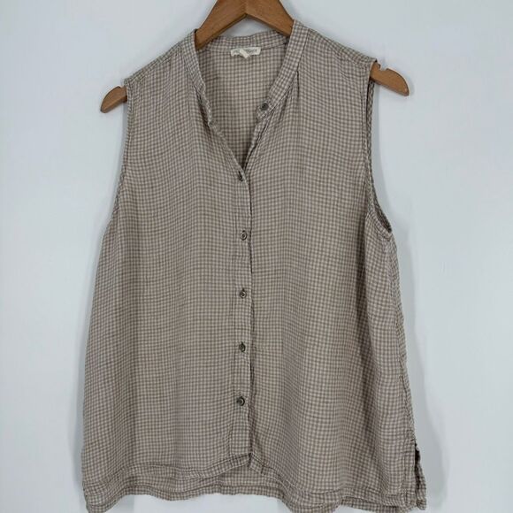 Eileen Fisher Gingham Puckered Organic Linen Sleeveless Shirt in Pebble | Large - Picture 5 of 8